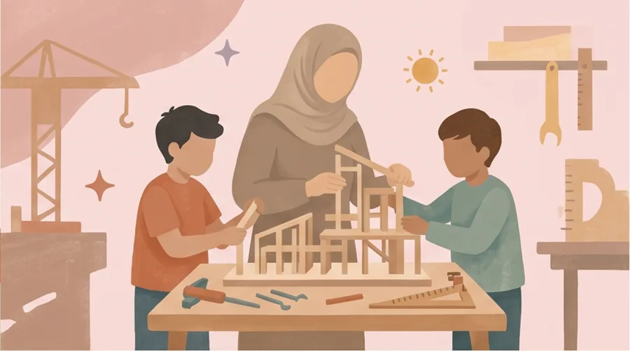 Chaima bouwt samen met oudere kinderen aan een creatief project