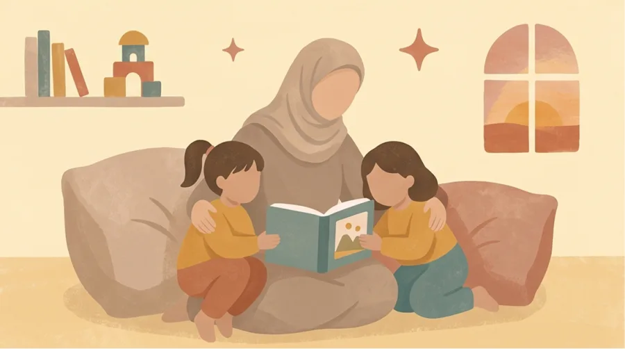Chaima leest thuis samen met twee kinderen een boek