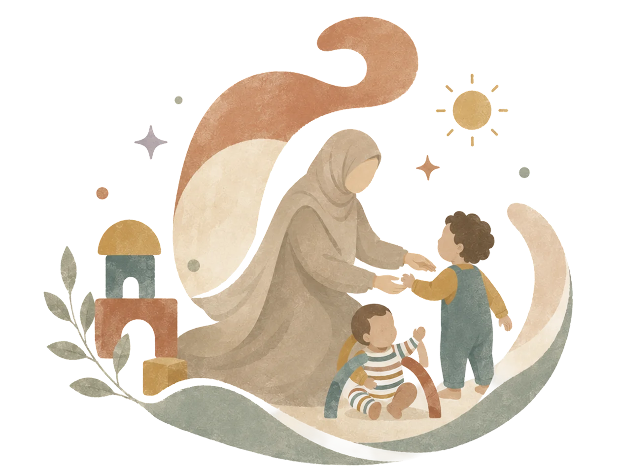 Warme illustratie van Chaima die thuis voor twee kinderen zorgt