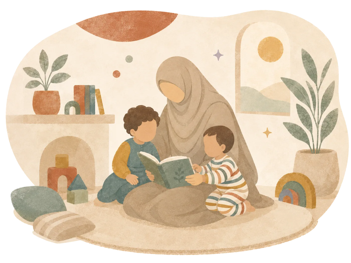 Illustratie van Chaima die thuis samen met twee kinderen een boek leest