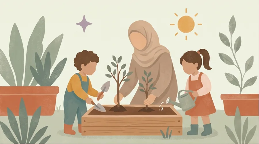 Chaima plant samen met twee kinderen een jonge boom